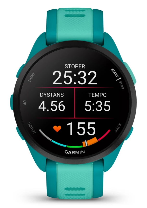 Zegarek Garmin wyświetla dane biegowe: 25:32, 4.56 dystansu, 5:35 tempo, 155 tętno. Turkusowy pasek i czarny ekran.