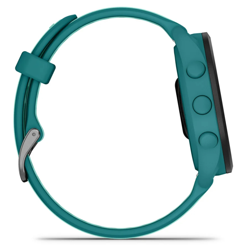 Widok z boku turkusowego smartwatcha. Ma trzy przyciski z boku i czarny ekran. Pasek jest połączony metalową klamrą.