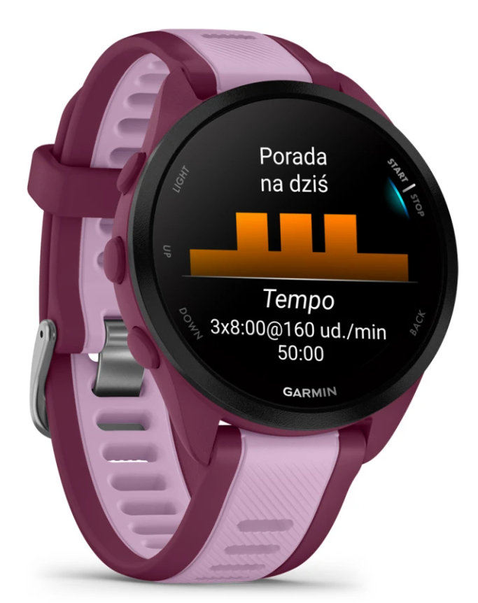 Zegarek Garmin wyświetla dane treningowe. Ma fioletowy pasek, czarny ekran z tekstem i godziną.