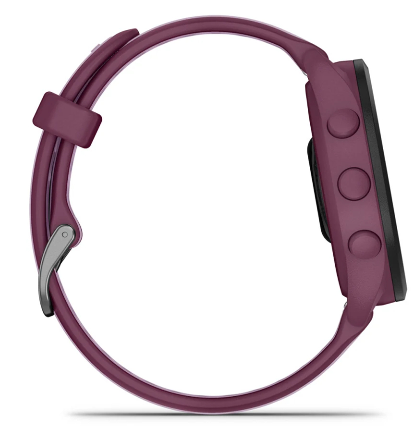 Widok z boku bordowego smartwatcha z czarnym ekranem i dwoma przyciskami. Pasek jest bordowy, ze srebrnym zapięciem.