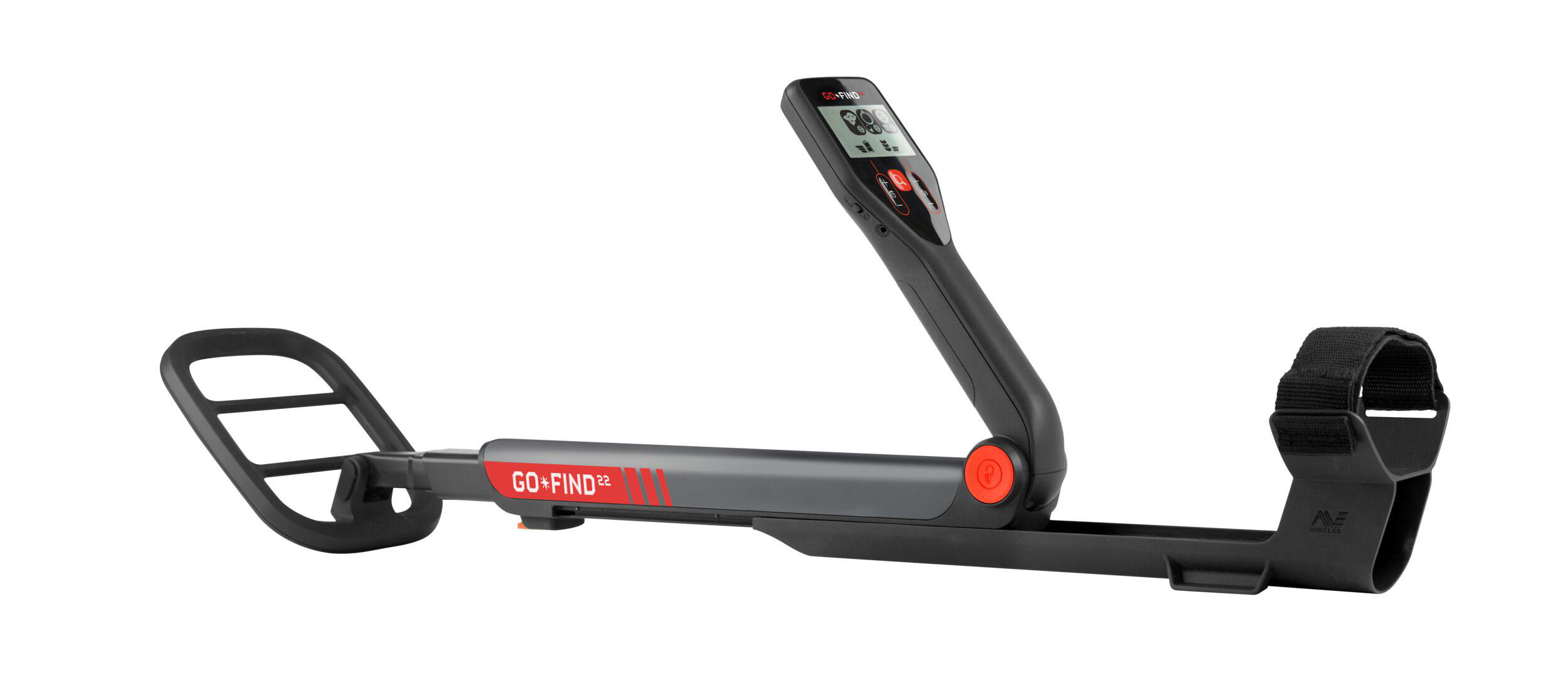 Ein Metalldetektor, schwarz und grau, mit der Aufschrift GO-FIND 22. Er hat ein Display und einen Griff mit Handauflage.