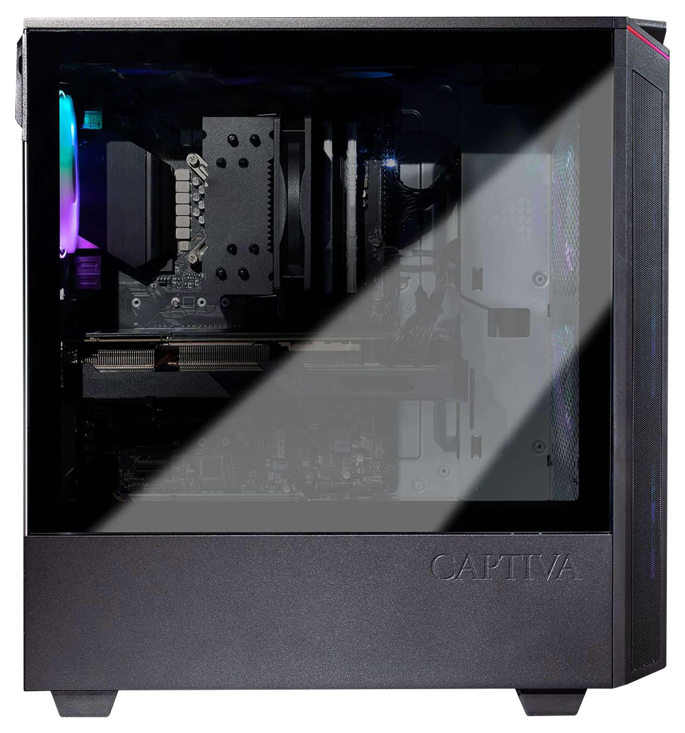 Ein PC-Gehäuse mit Glas-Seitenwand. Innen sind Komponenten wie CPU-Kühler und Grafikkarte sowie der Markenname zu sehen.