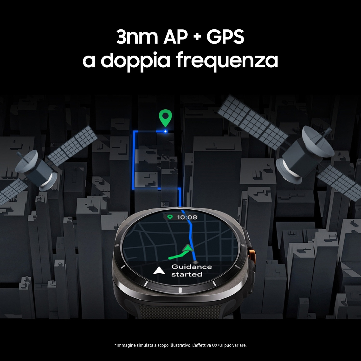 Uno smartwatch mostra una mappa con guida attivata. Due satelliti affiancano l'orologio. Edifici sullo sfondo. Il testo recita: 3nm AP + GPS.