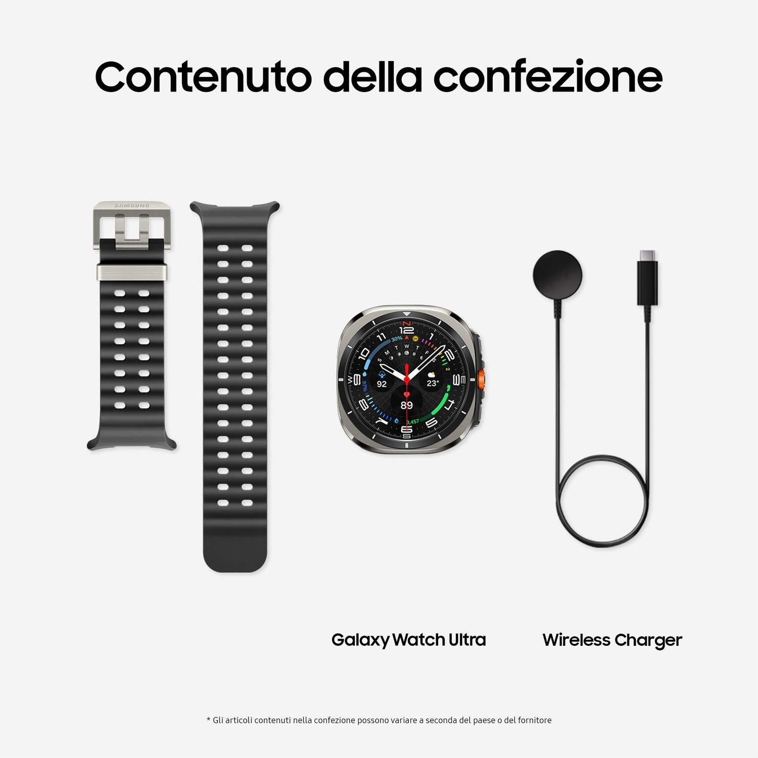 L'immagine mostra Galaxy Watch Ultra con cinturino, caricatore wireless e parti dell'orologio. Il testo dice 'Contenuto della confezione'.