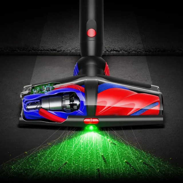 Głowica odkurzacza pokazuje wewnętrzne elementy. Zielone światło świeci na podłogę. Widoczne czerwone i niebieskie szczotki.