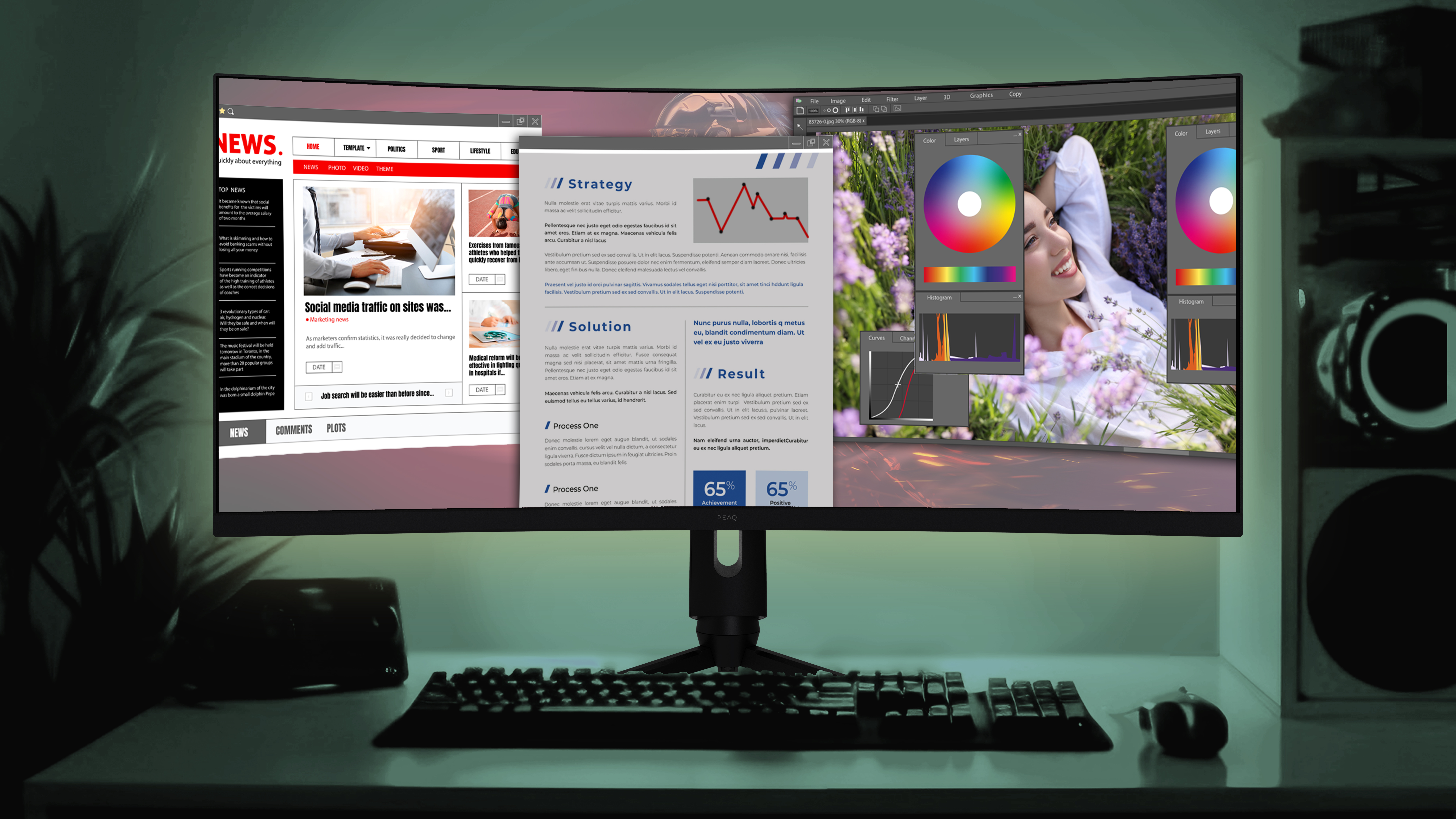 Zakrzywiony monitor wyświetla stronę z wiadomościami i interfejs oprogramowania do edycji zdjęć.