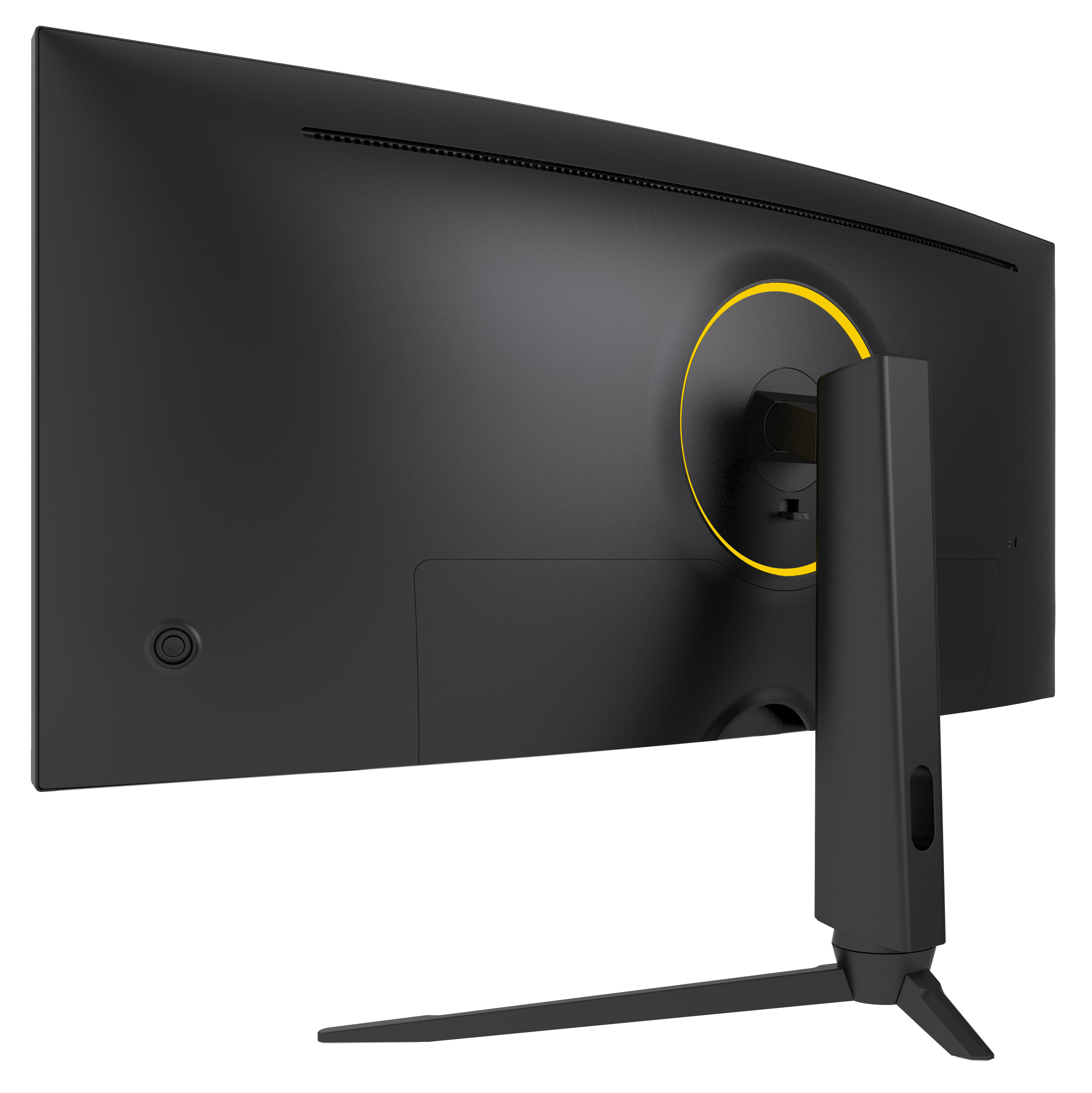 Widok z tyłu czarnego zakrzywionego monitora z żółtym pierścieniem akcentującym i czarną podstawą na czarnym tle.