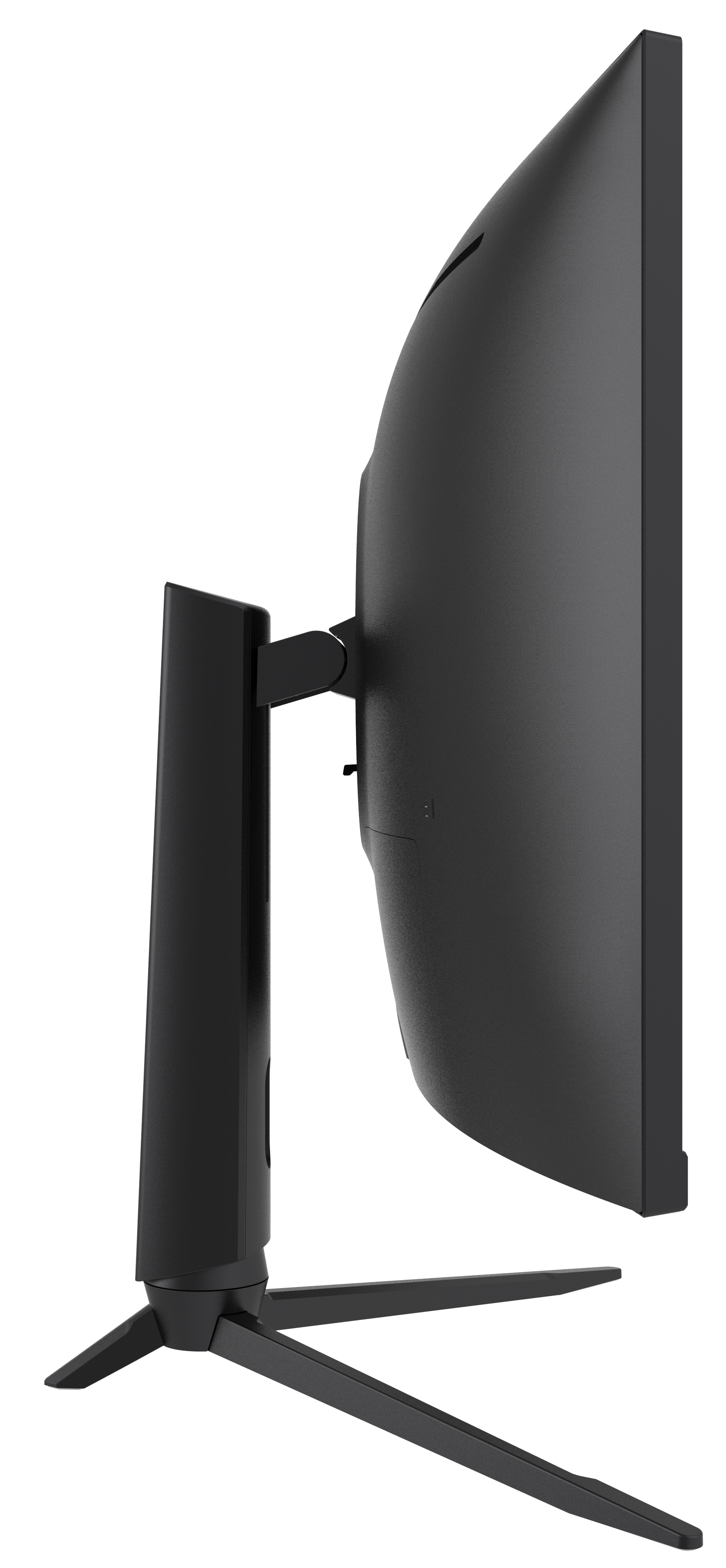 Widok z boku czarnego, zakrzywionego monitora komputerowego. Posiada podstawę z trzema nogami i ramieniem podtrzymującym.