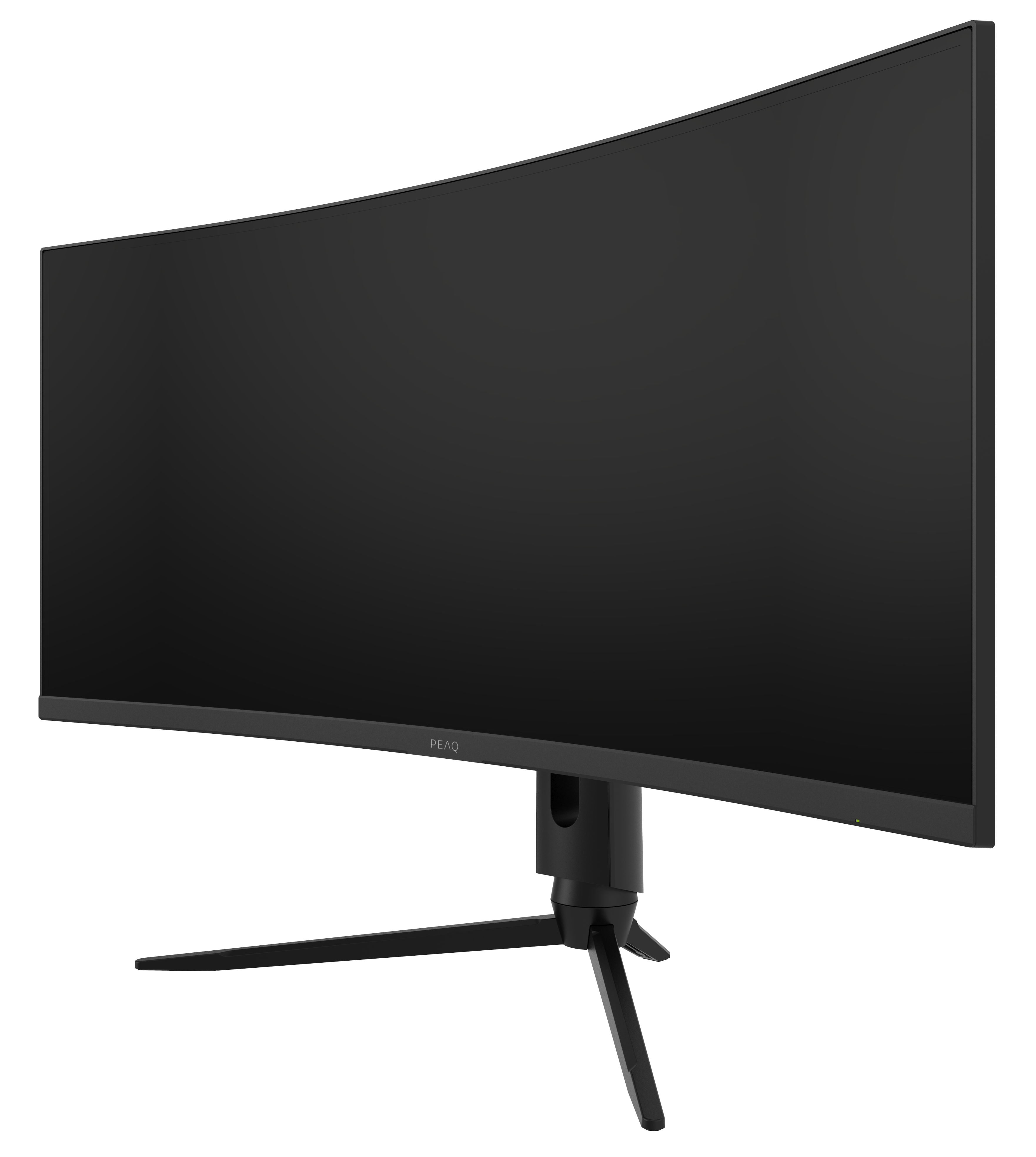 Zakrzywiony czarny monitor komputerowy na czarnym stojaku. Podstawa ma trzy nogi.