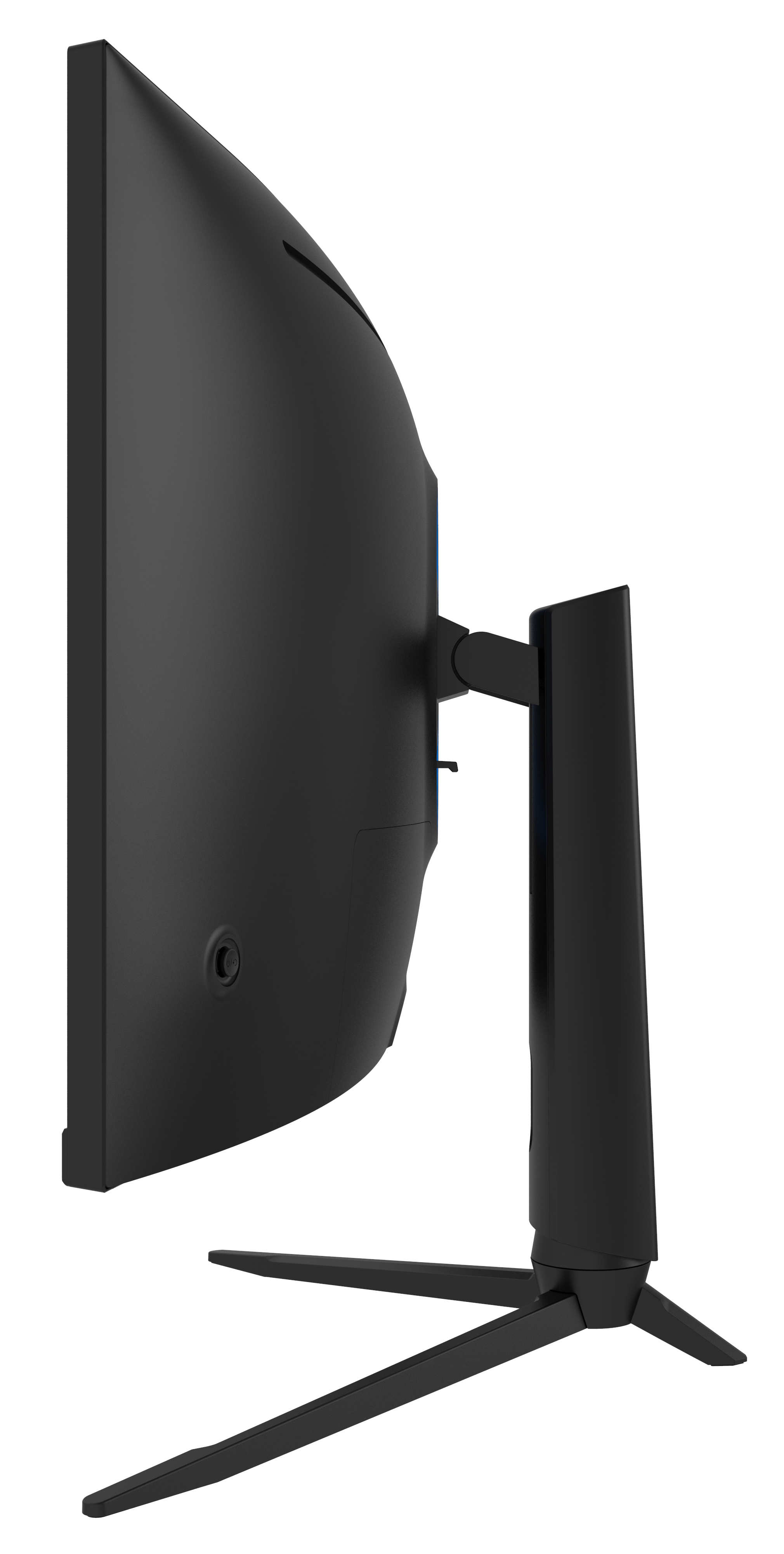 Czarny, zakrzywiony monitor komputerowy pokazany z boku. Ma podstawę z trójkątną podstawą. Tło jest czarne.