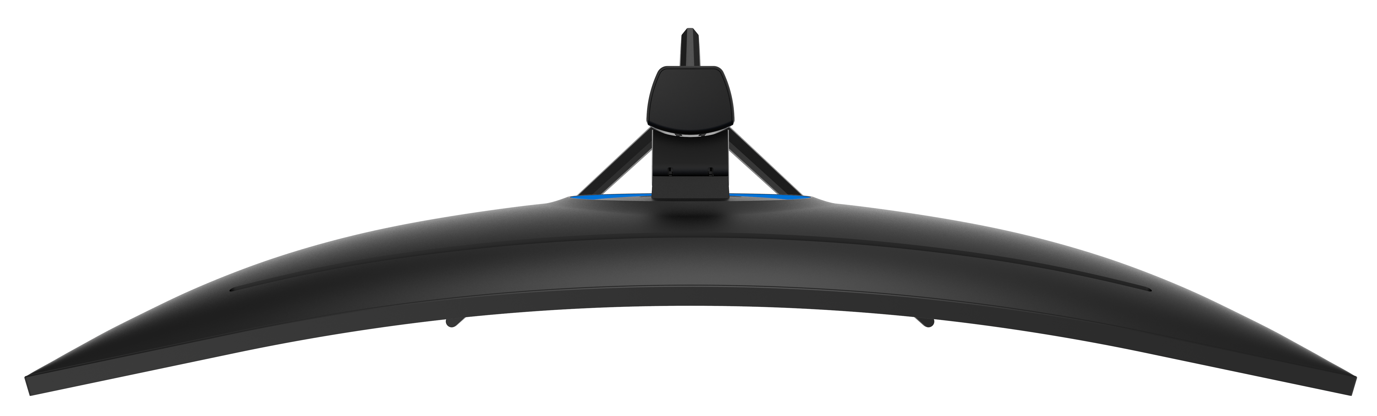 Zakrzywiony czarny monitor komputera, widok od dołu. Ma podstawę i niebieską linię akcentującą.