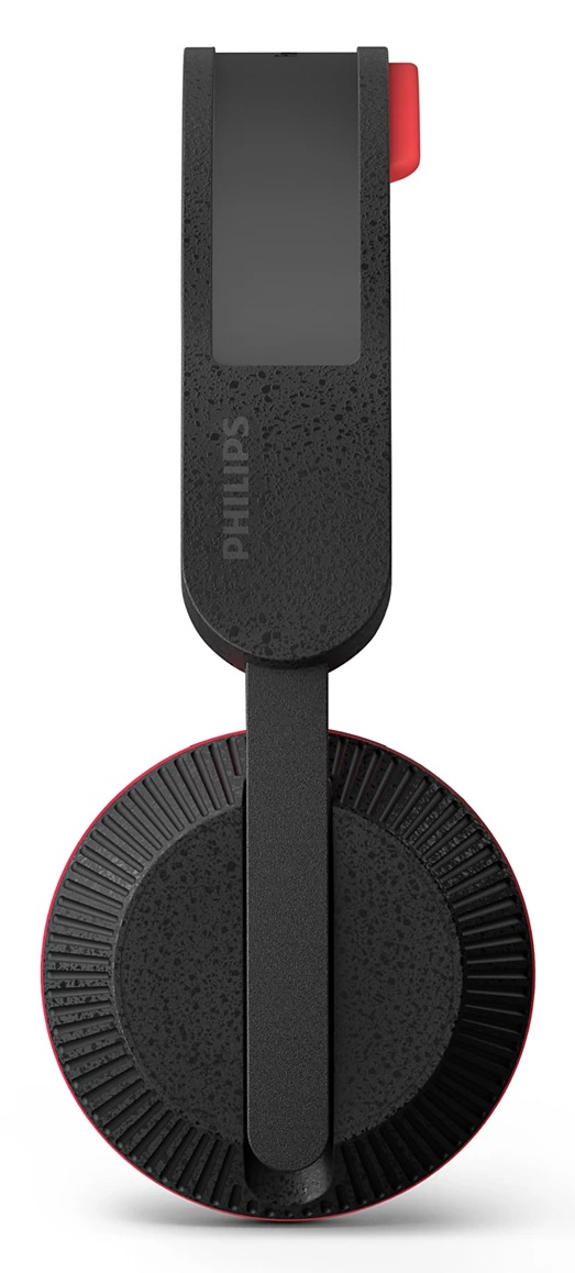 Czarne i czerwone słuchawki Philips. Pałąk jest czarny z logo Philips. Muszla uszna jest czarna z czerwonym obrysem.