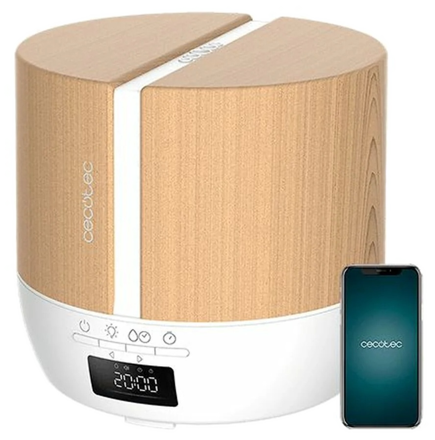 Nawilżacz z fakturą drewna z białą podstawą. Telefon wyświetla logo Cecotec. Cyfrowy wyświetlacz pokazuje 20:00.