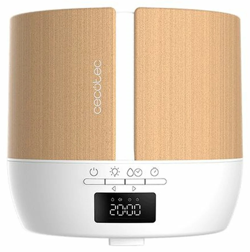 Biały i drewnopodobny nawilżacz powietrza z cyfrowym wyświetlaczem 20:00. Marka 'Cecotec' znajduje się na drewnianym panelu.