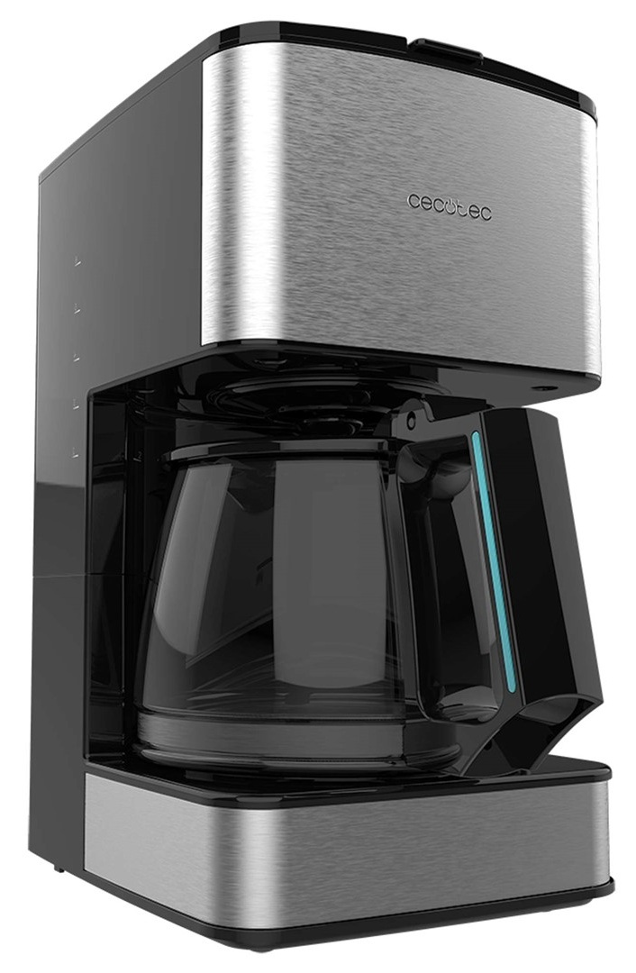 Czarno-srebrny ekspres do kawy Cecotec. Ma szklany dzbanek i wykończenie ze szczotkowanej stali.