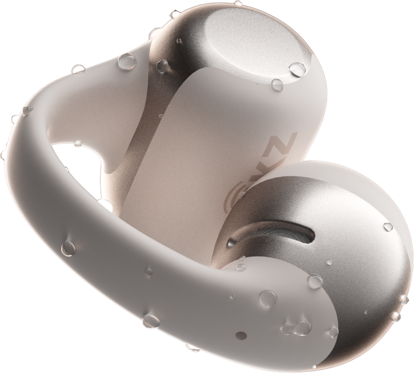 Weiße und silberne Ohrhörer mit Wassertropfen. Die Ohrhörer haben ein geschwungenes Design und wirken high-tech.