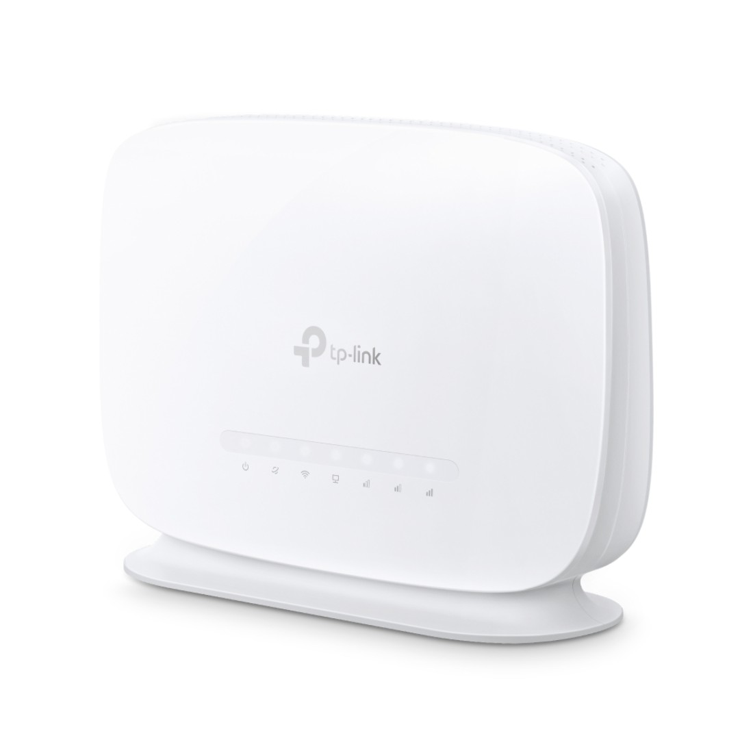 Ein weißer TP-Link-Router. Er hat ein geschwungenes Design mit Kontrollleuchten und dem TP-Link-Logo. Der Hintergrund ist weiß.