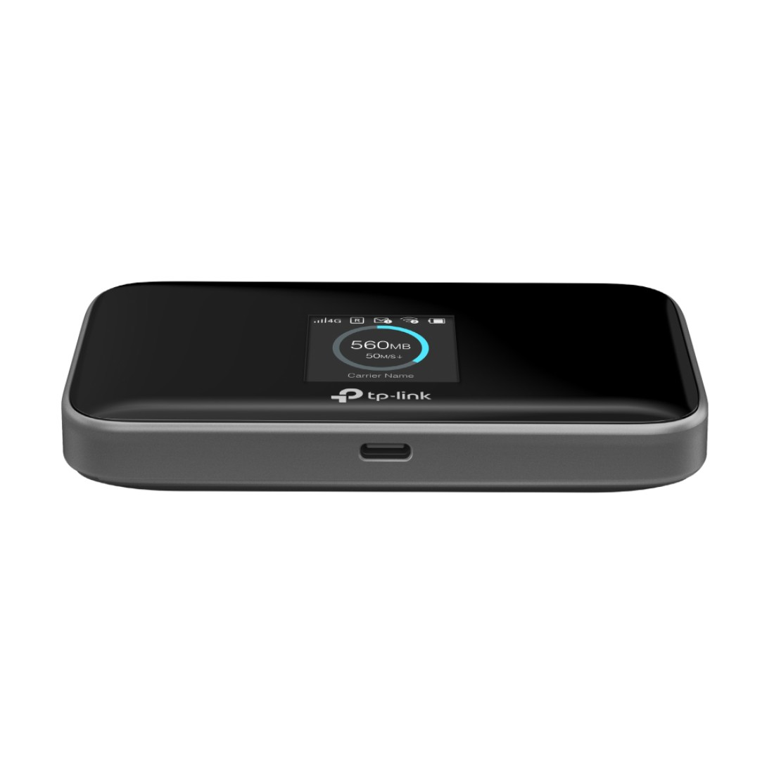 Ein mobiler WLAN-Router von TP-Link mit einem kleinen Bildschirm, auf dem die Datennutzung angezeigt wird. Das Gerät ist dunkelgrau mit dem TP-Link-Logo.