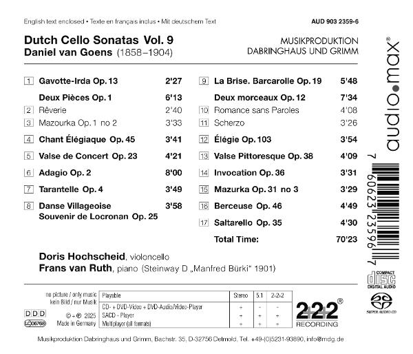CD-Cover für Dutch Cello Sonatas Vol. 9. Enthält eine Liste von Musikstücken, Künstlernamen und ein Label.