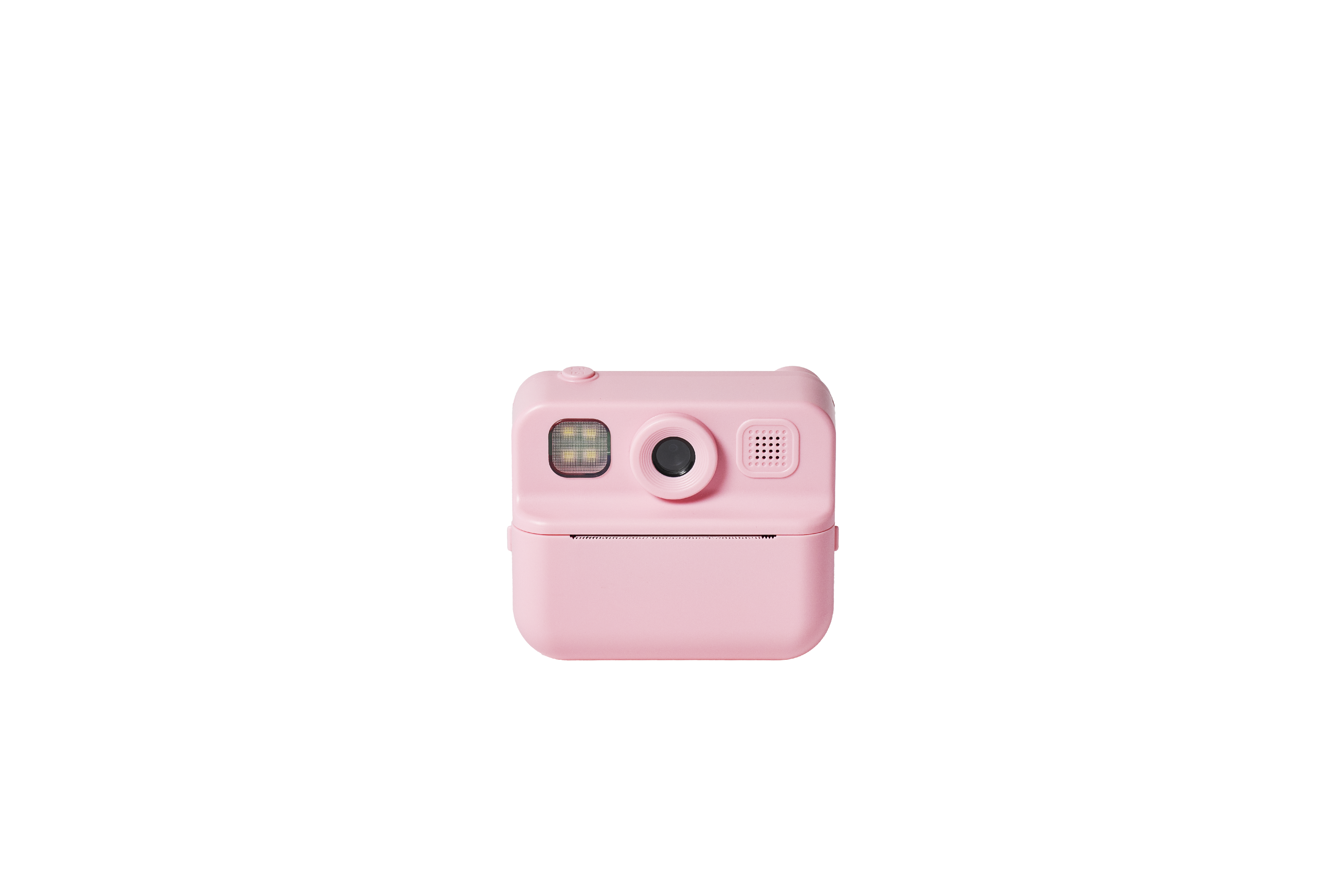 Siyah bir arka plan üzerinde ortalanmış pembe bir anında fotoğraf makinesi. Bir lensi, flaşı ve hoparlörü var.