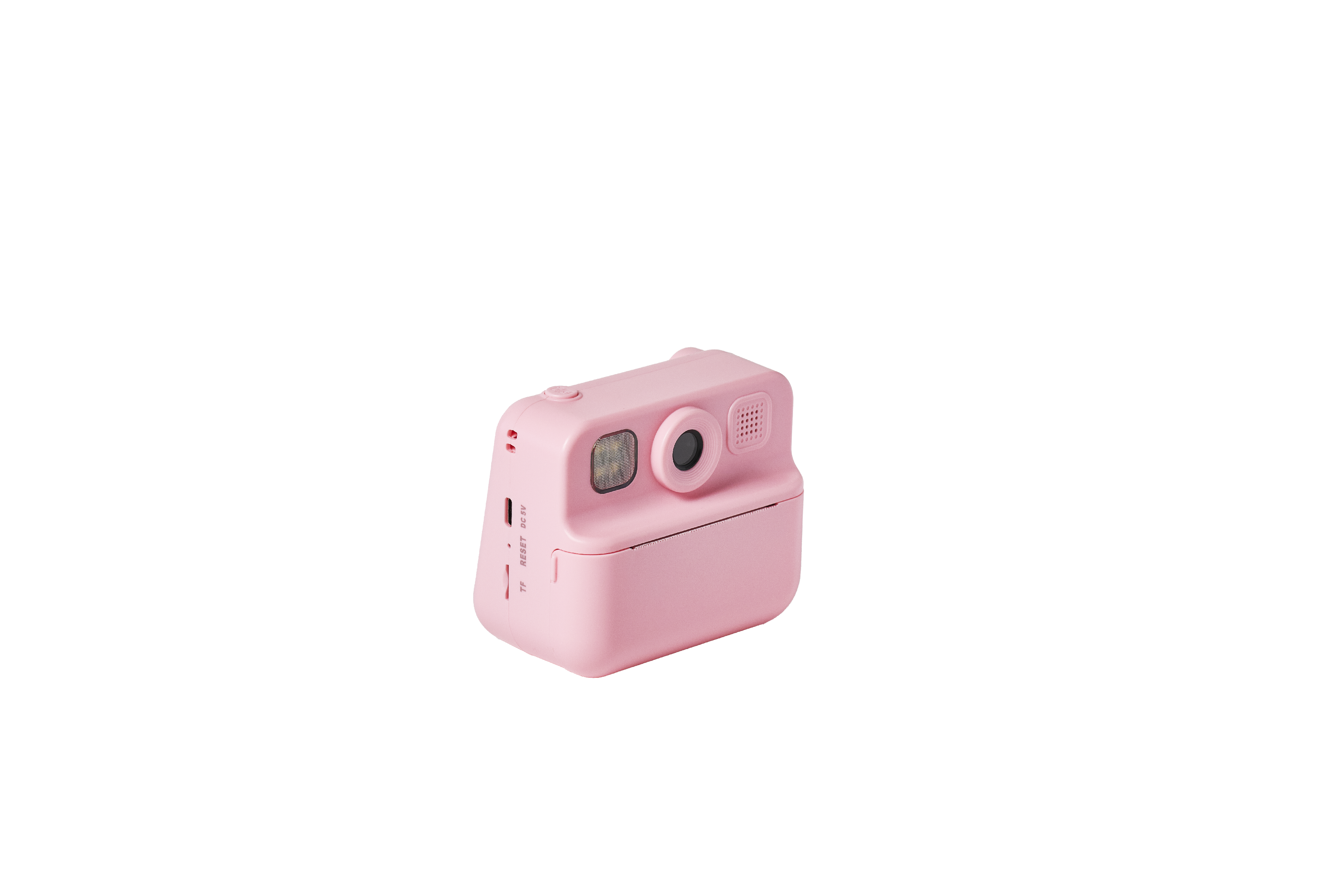 Siyah zemin üzerinde pembe bir anında fotoğraf makinesi. Lens, flaş ve düğmeleri var. Kamera net.