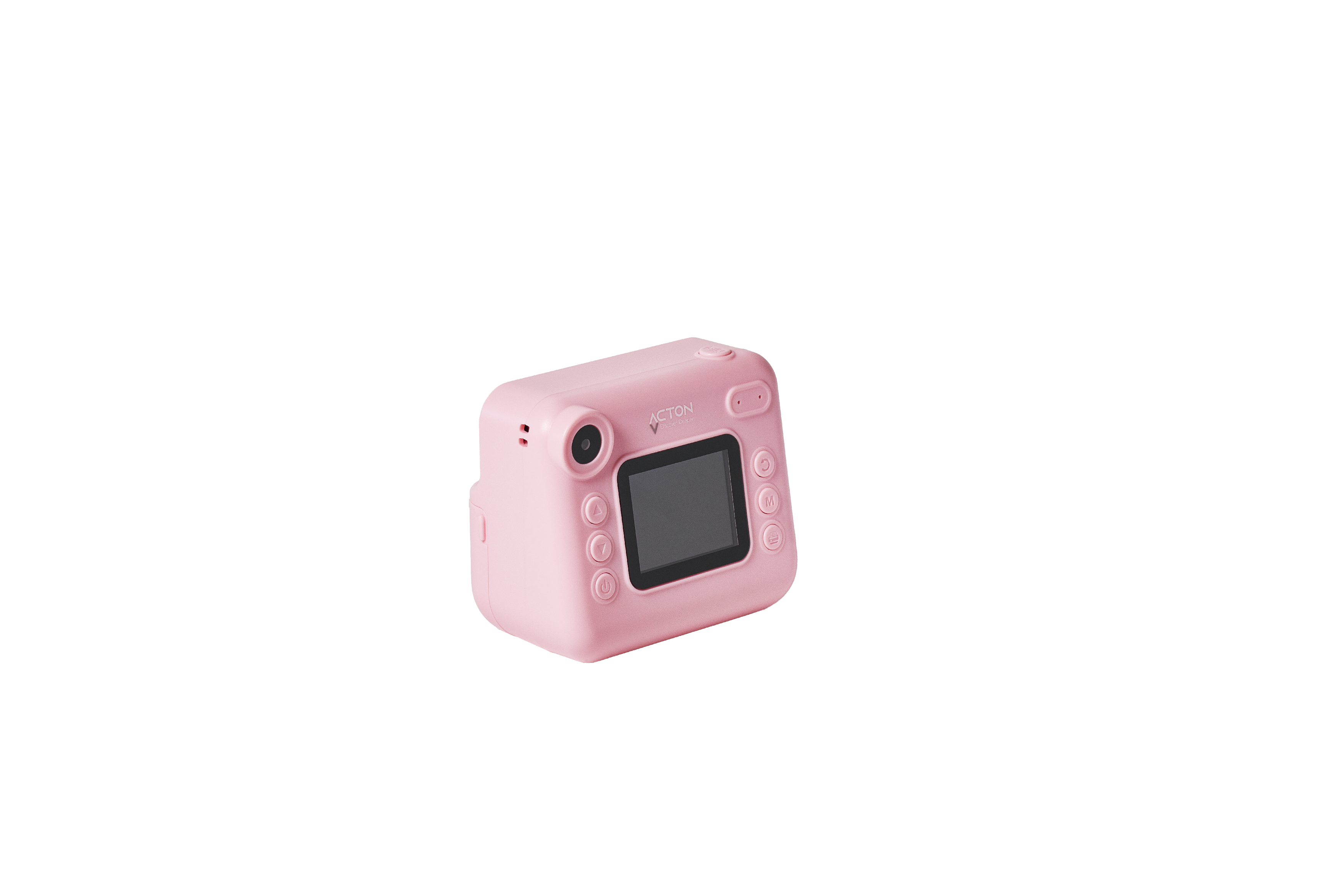 Siyah bir arka plan üzerinde ortalanmış pembe bir anında fotoğraf makinesi. ACTON marka adı ile bir ekranı ve düğmeleri var.