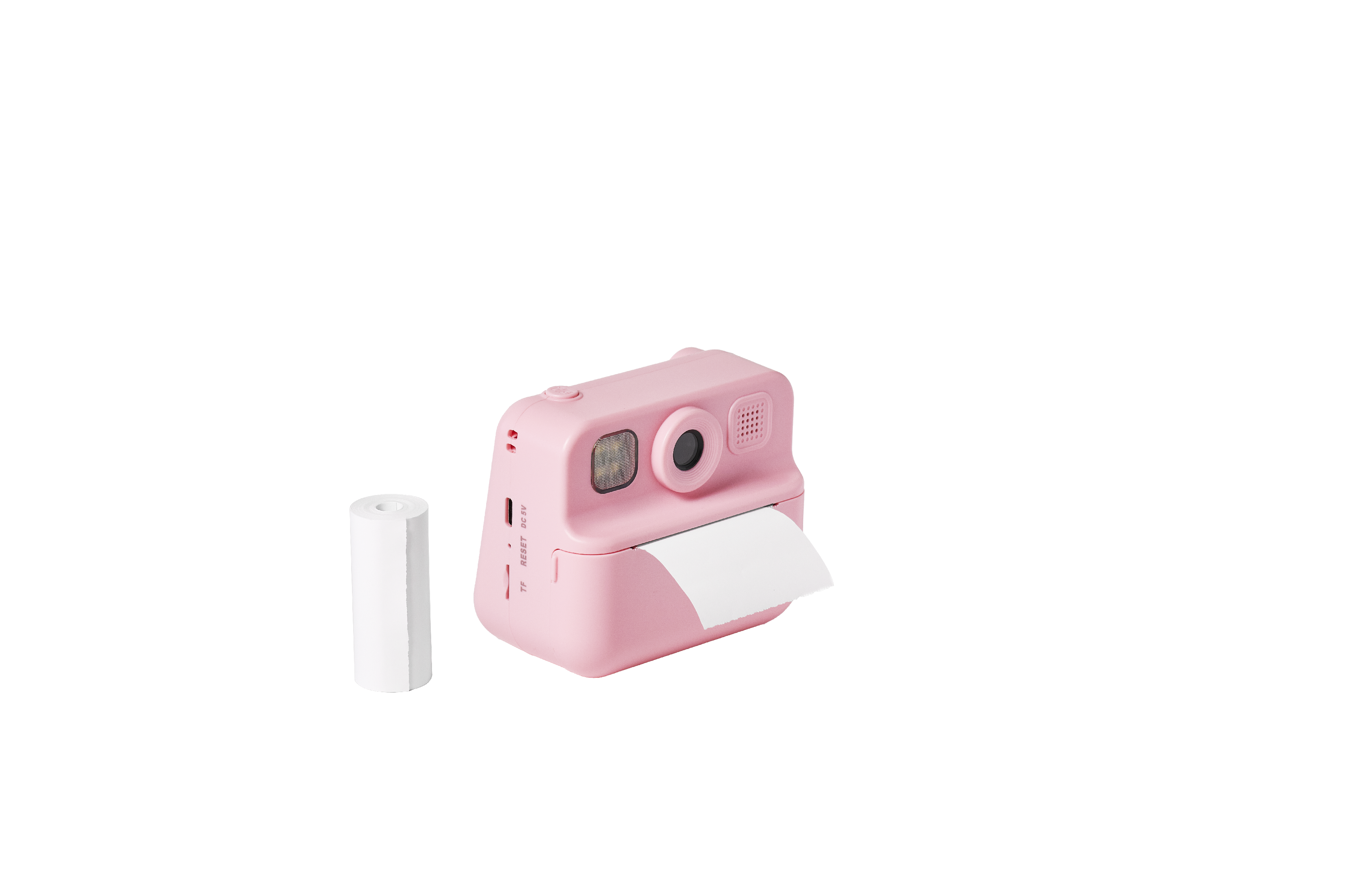 Siyah arkaplanda, beyaz kağıt çıkan pembe bir anında fotoğraf makinesi, yanında bir rulo beyaz kağıt.