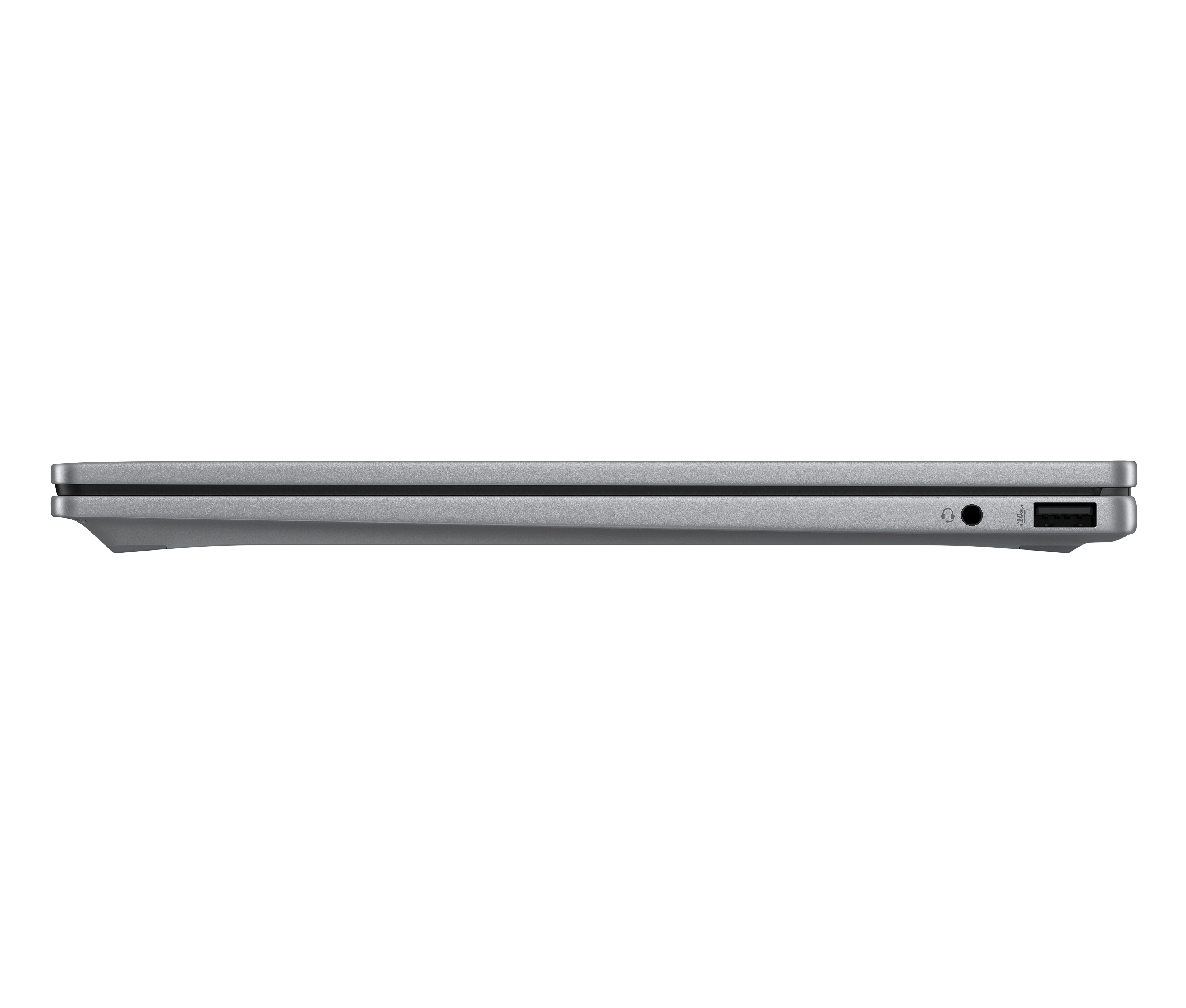 Seitenansicht eines silbernen Laptops auf schwarzem Hintergrund mit Anschlüssen und Kopfhöreranschluss.