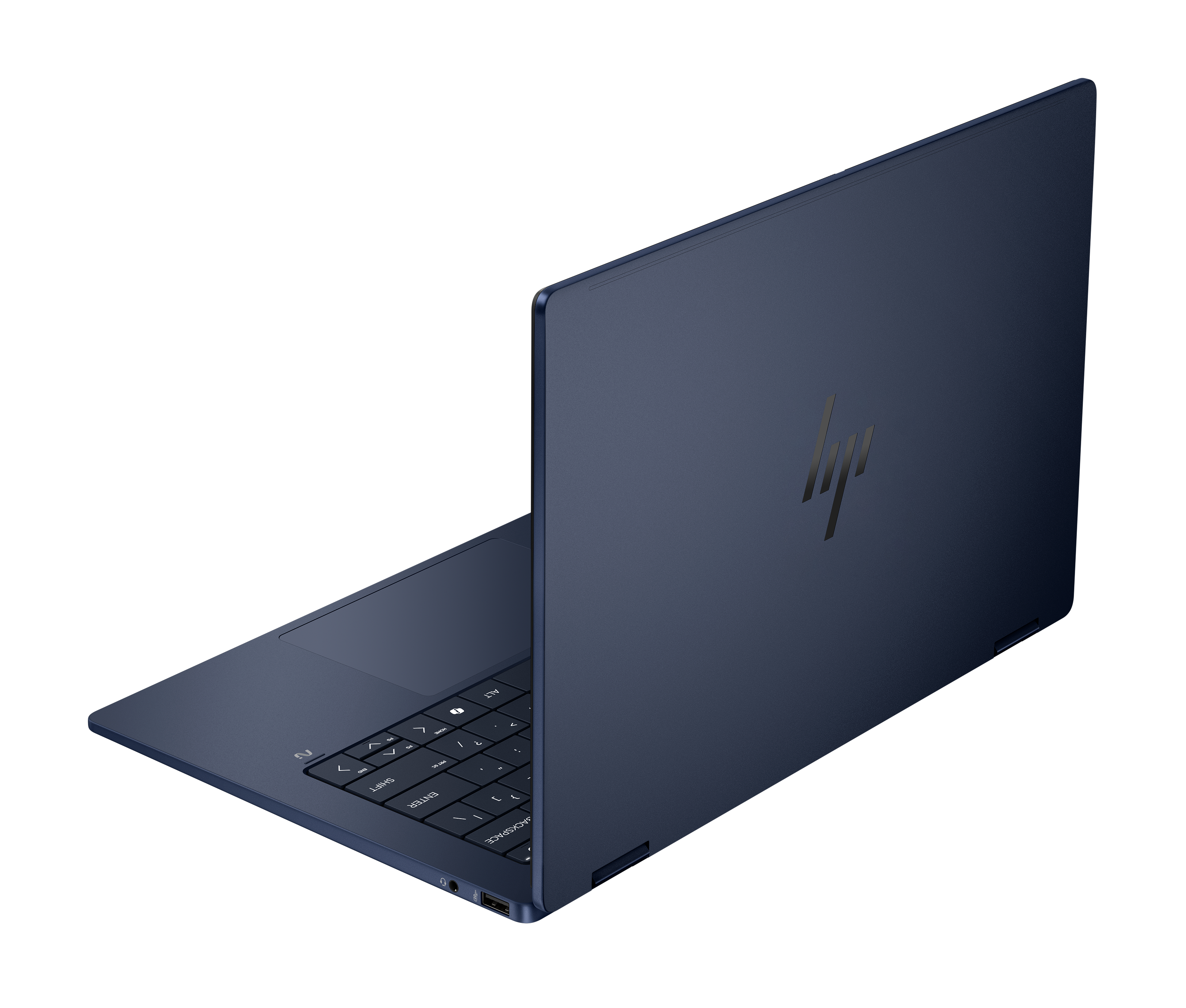 Ciemnoniebieski laptop HP, częściowo otwarty, na czarnym tle. Widoczna klawiatura.