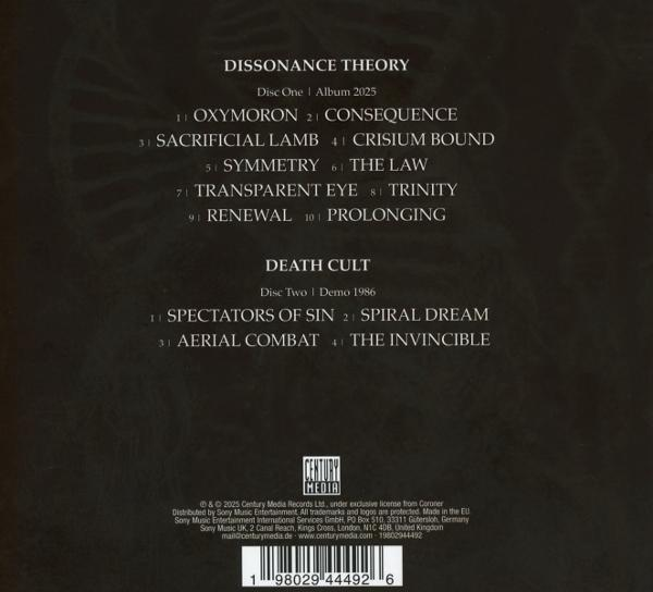 CD-Cover mit Titelliste. Zu den Titeln gehören 'Dissonance Theory' und 'Death Cult'. Enthält Text und einen Barcode unten.