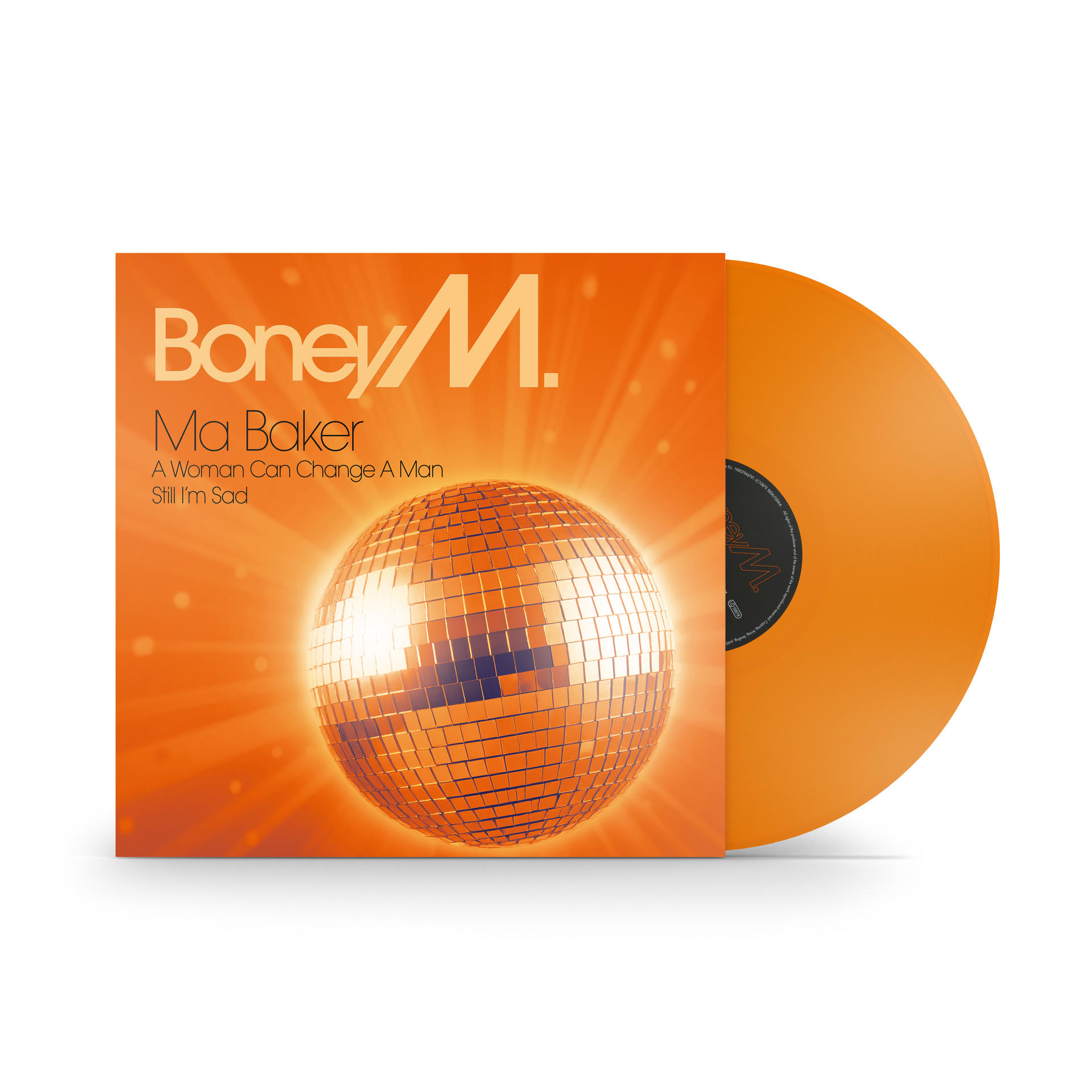 Albumcover von Boney M's 'Ma Baker'. Oranger Hintergrund mit Discokugel, Vinylplatte sichtbar. Text enthält Songtitel.