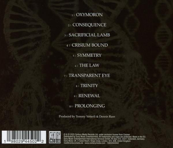 Rückseite des Albums mit Titelliste und Credits. Barcode und Century Media Logo unten.