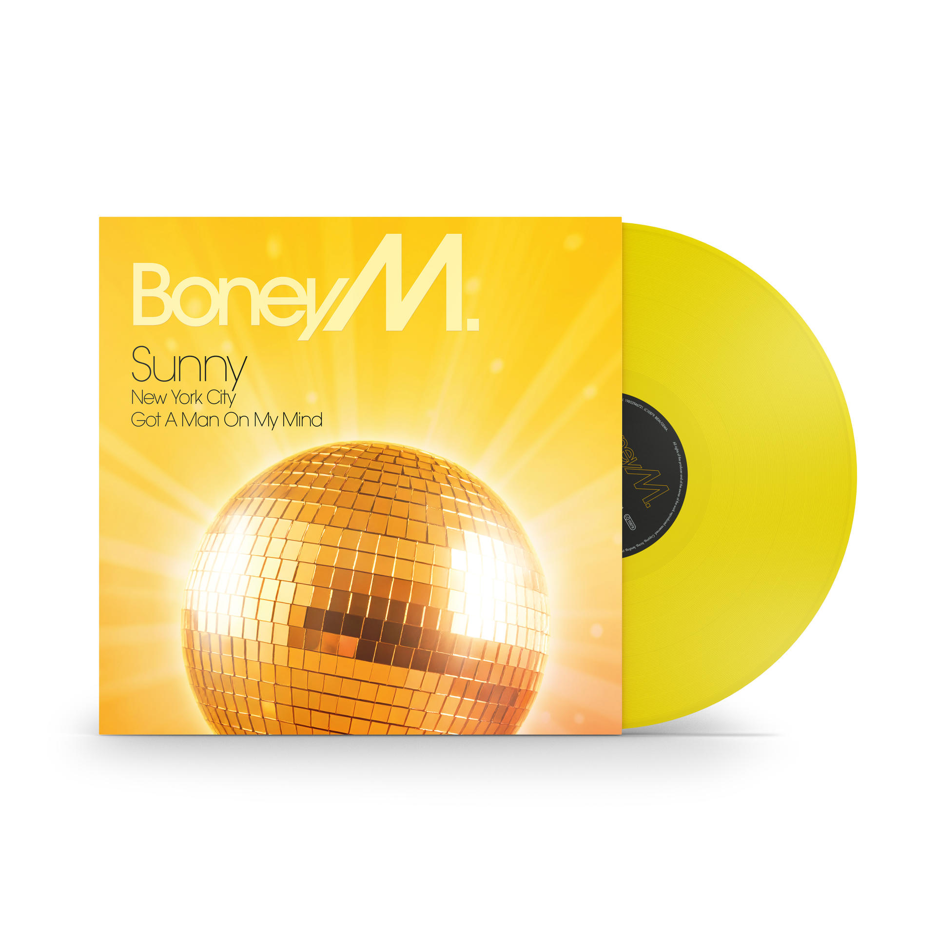 Albumcover von Boney M.'s Sunny. Eine gelbe Schallplatte liegt neben dem Albumcover mit einer Discokugel.