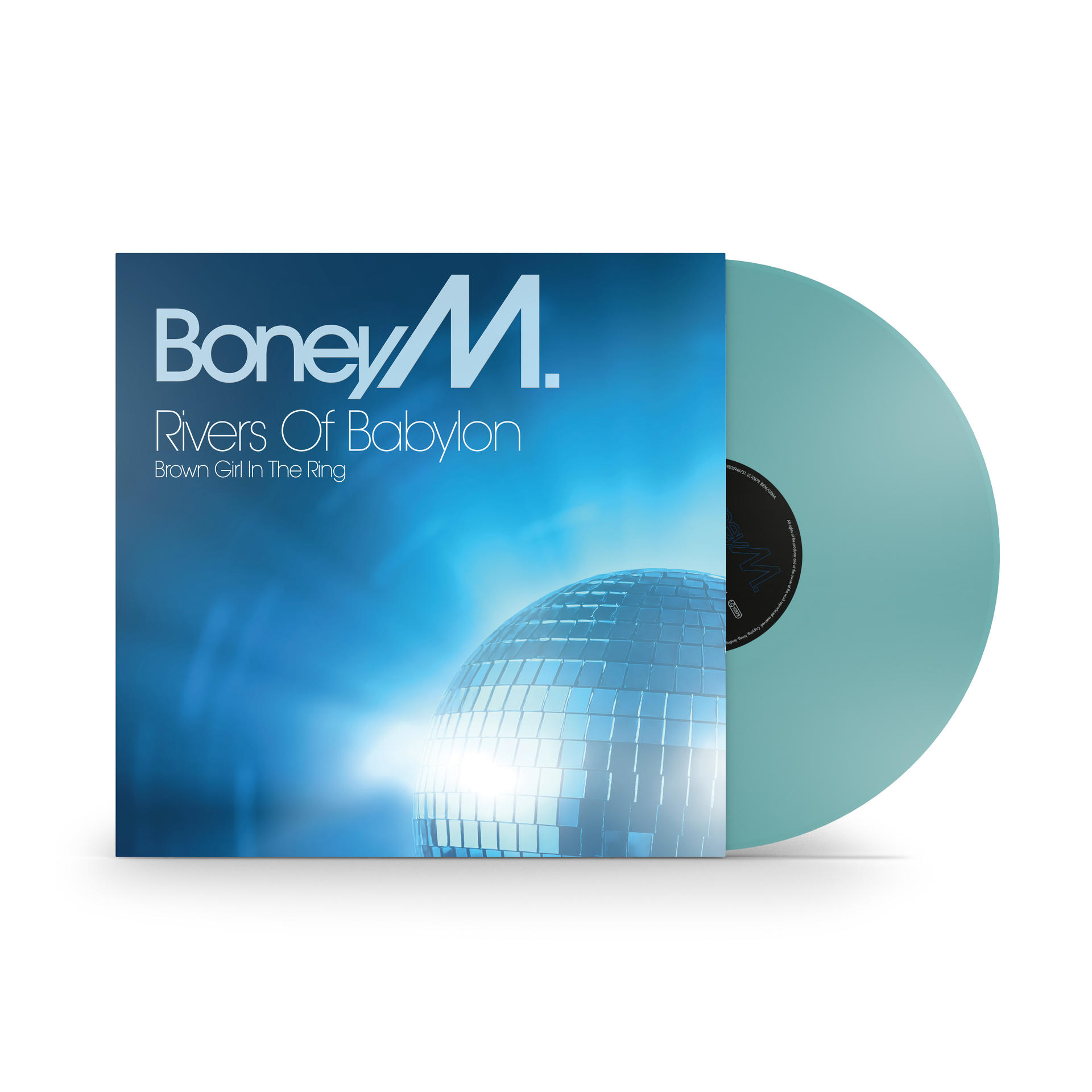 Albumcover von Boney M. Rivers of Babylon mit einer Discokugel und einer tealfarbenen Schallplatte.