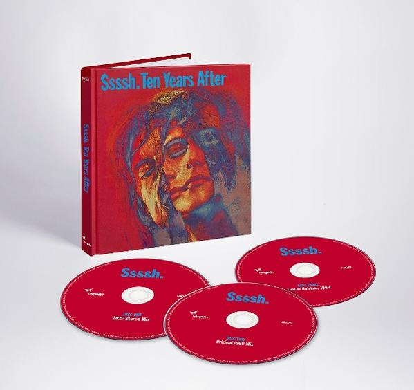 Albumcover und CDs. Roter Einband mit dem Titel 'Ssssh. Ten Years After' und drei rote CDs.