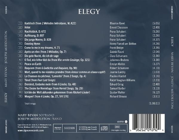 Albumcover für 'Elegy' von Mary Bevan und Joseph Middleton. Enthält eine Liste von Liedern und Künstlern.