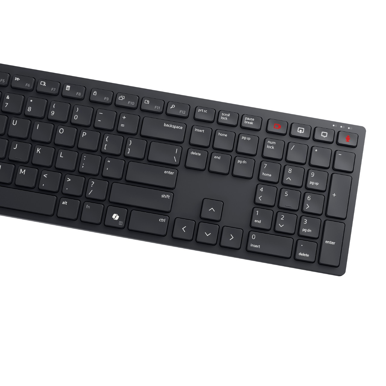 Eine schwarze Computertastatur mit weißen Buchstaben und Zahlen. Die Tastatur ist auf weißem Hintergrund abgewinkelt.