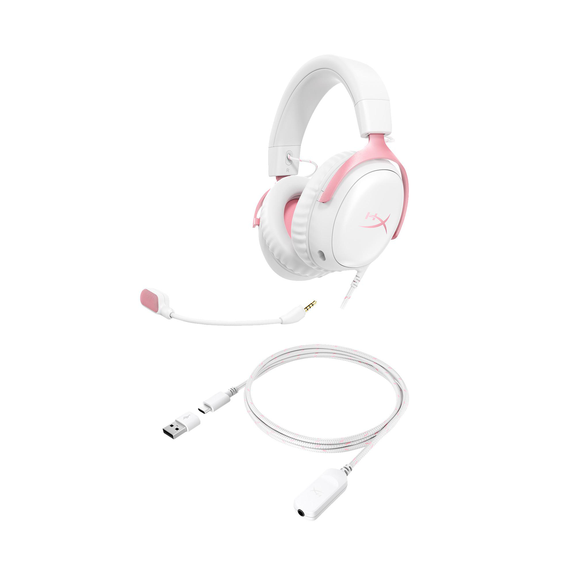 Weißes und rosa Gaming-Headset mit Mikrofon und Kabel. Das Kabel hat einen USB-Anschluss und einen Audio-Jack-Adapter.