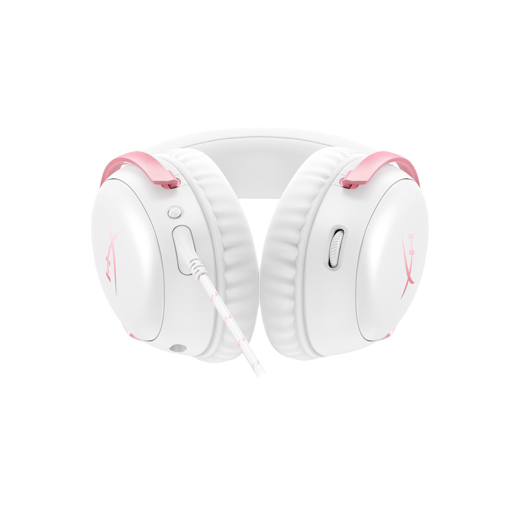 Weißes und pinkfarbenes HyperX Gaming-Headset. Merkmale: weiße Ohrmuscheln, pinkfarbene Akzente und ein pink-weißes geflochtenes Kabel.