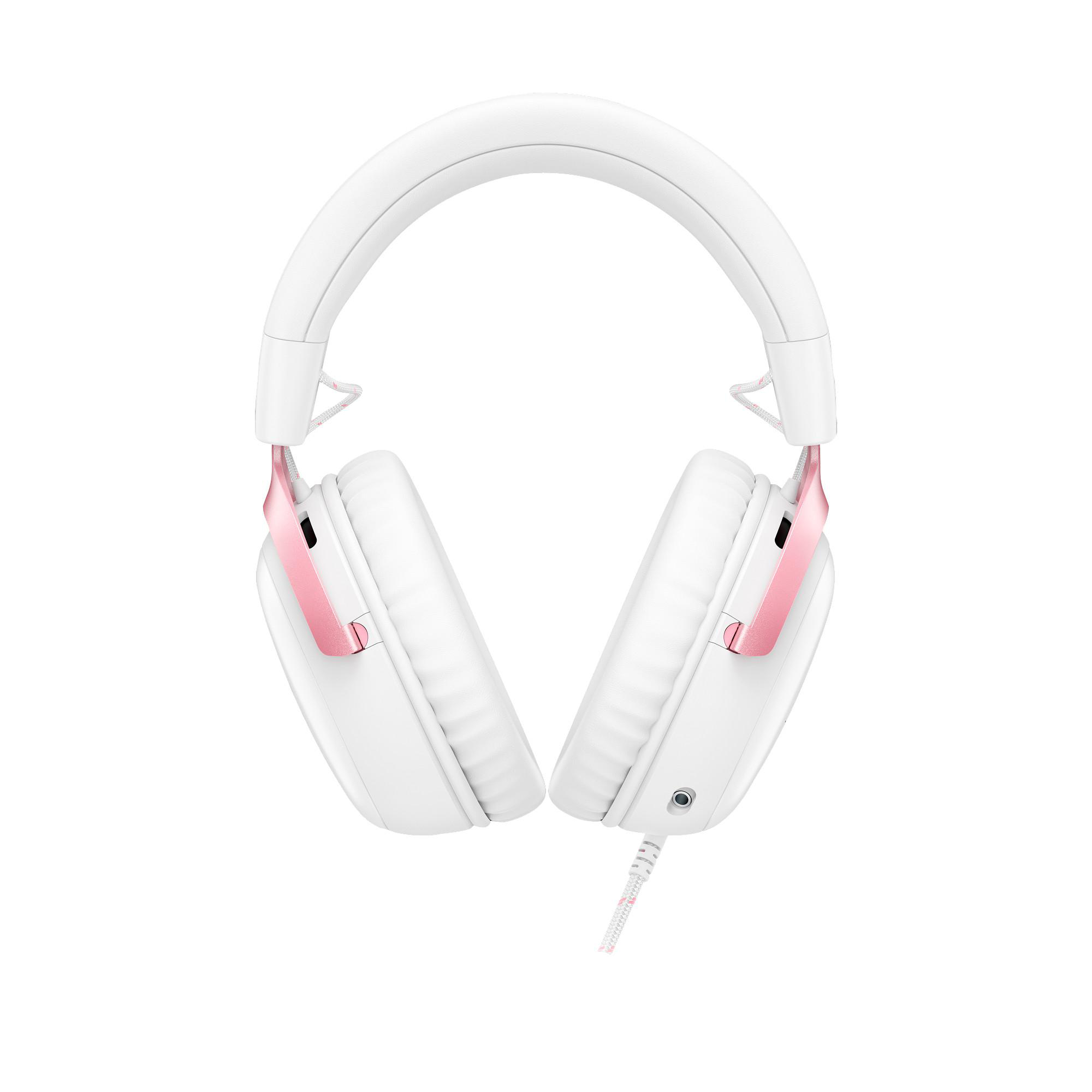 Weiße Kopfhörer mit rosa Akzenten. Die Over-Ear-Kopfhörer haben ein gepolstertes Kopfband und Ohrmuscheln. Ein Kabel geht von der rechten Ohrmuschel aus.