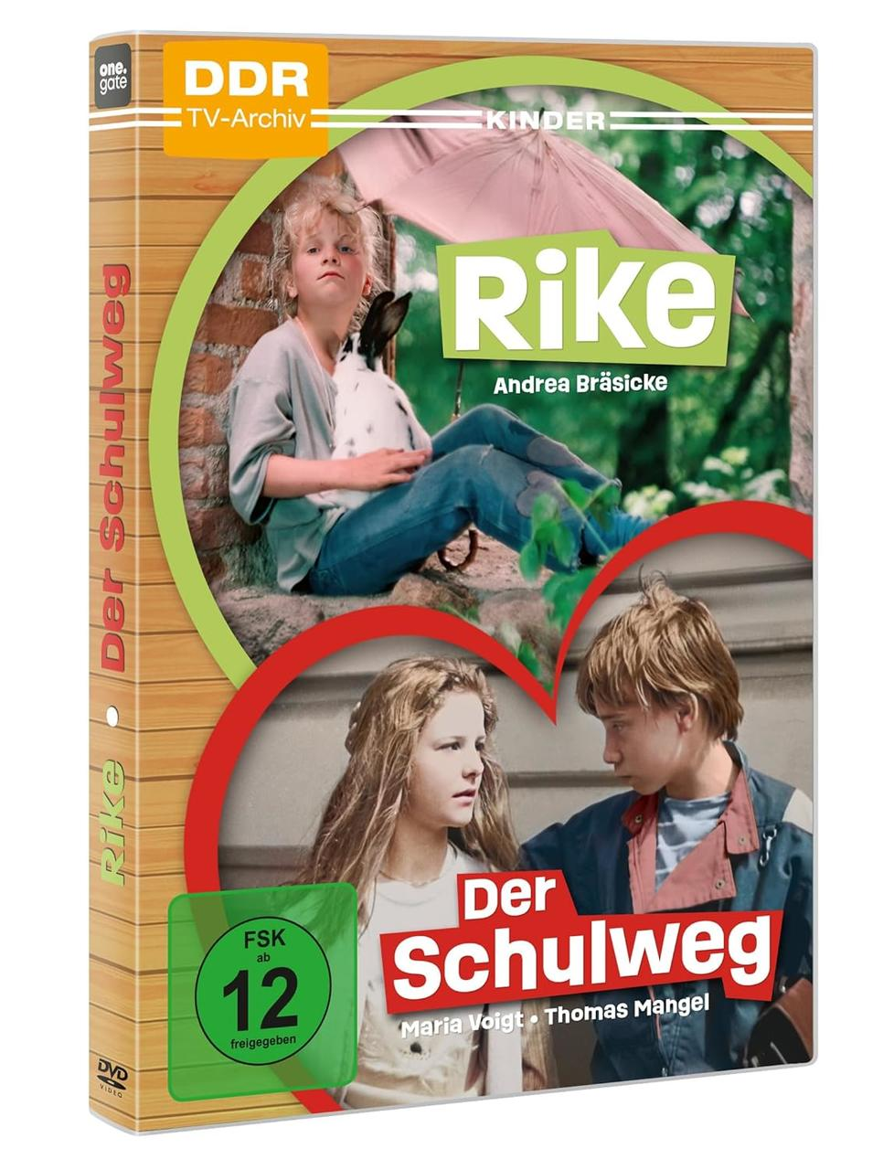 DVD-Hülle des Films "Rike - Der Schulweg". Ein Mädchen mit einem Kaninchen, zwei Kinder und der Titel sind sichtbar. Farbe: Verschiedene.