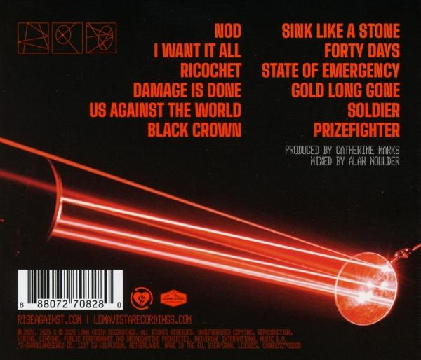 Albumcover mit roten Linien, die von einem Kreis ausgehen. Text listet Songtitel, Rise Against und Produktionsdetails auf.