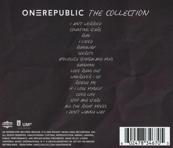 CD-Cover mit dem Titel 'The Collection' von OneRepublic und Titelliste. Enthält einen Barcode und Copyright-Informationen.