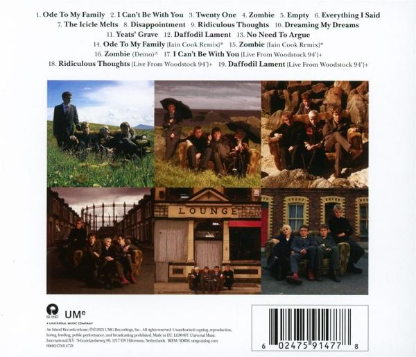 Albumcover mit Bandfotos und Titelliste. Fotos variieren: Band im Feld, auf dem Sofa und vor einem Gebäude.