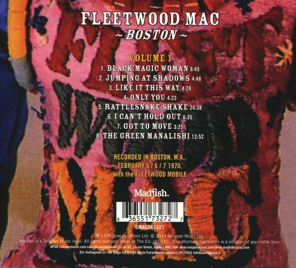Albumcover für Fleetwood Mac, Boston. Enthält Titelliste, Aufnahmeinformationen und Madfish-Logo. Hauptsächlich rosa, orange und schwarz.