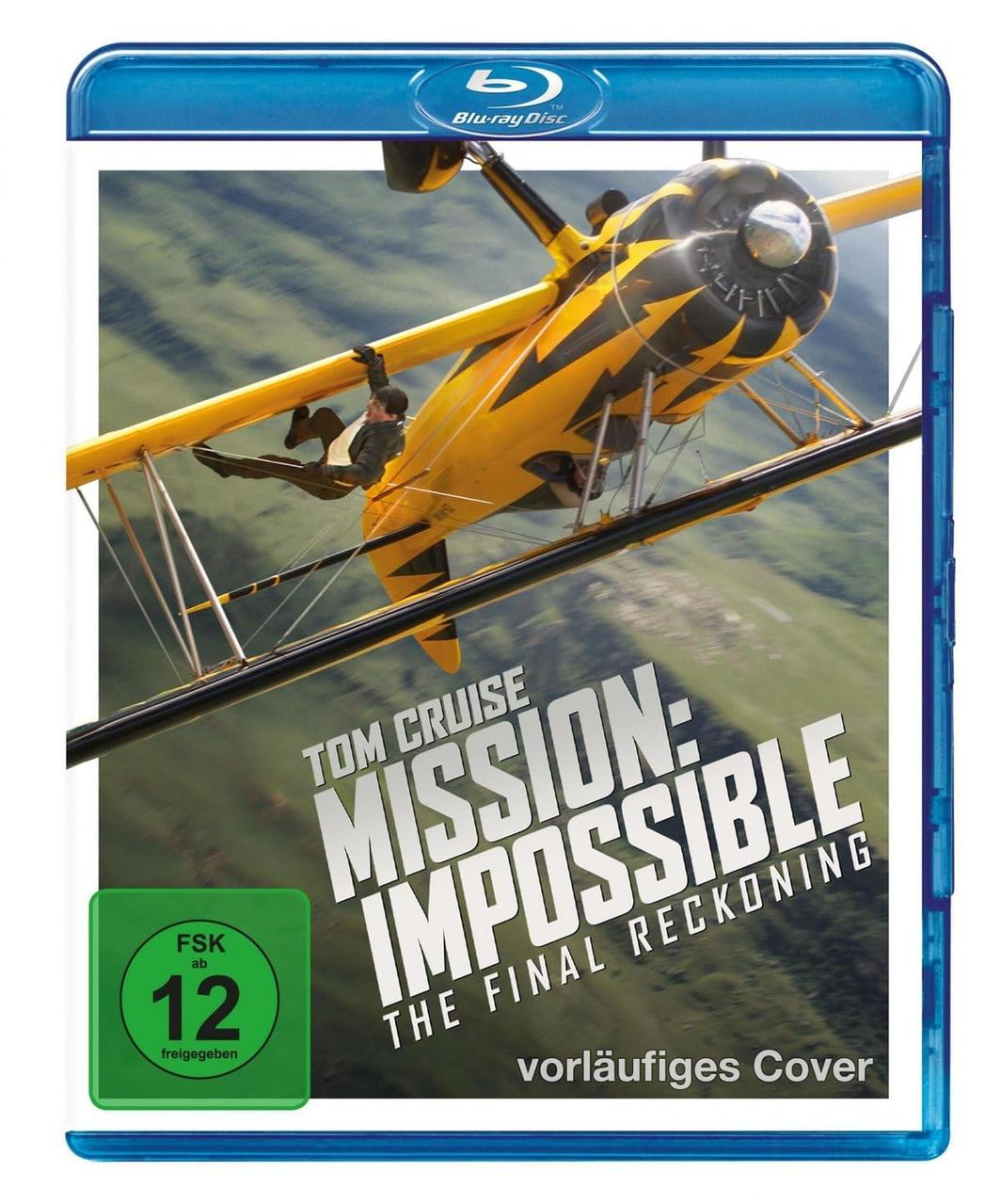 Filmcover: Tom Cruise hängt an einem gelben Doppeldecker. Titel: Mission: Impossible - The Final Reckoning. Blu-ray Disc Logo.