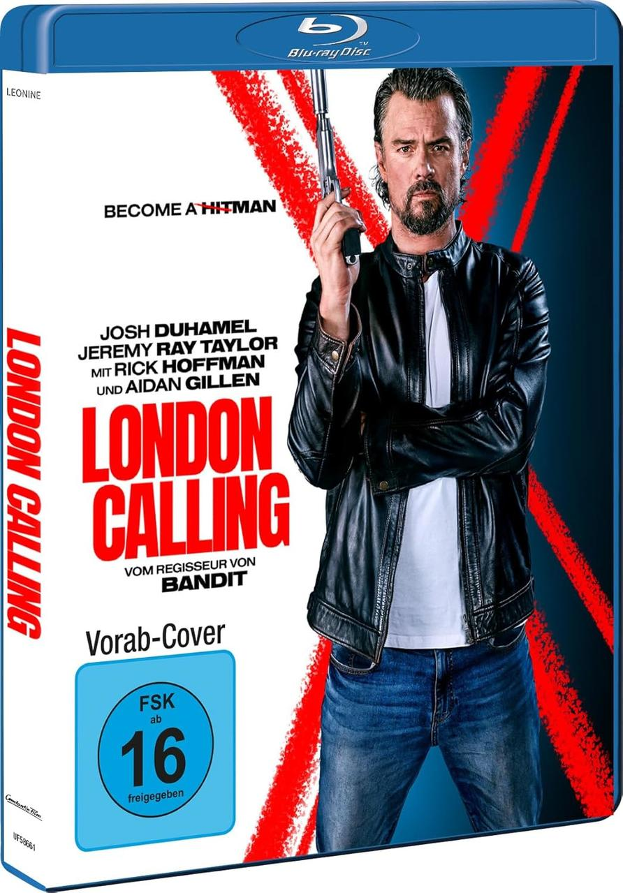 Blu-ray-Cover für 'London Calling'. Ein Mann in einer Lederjacke hält eine Pistole. Text enthält Filmtitel und Namen der Schauspieler.