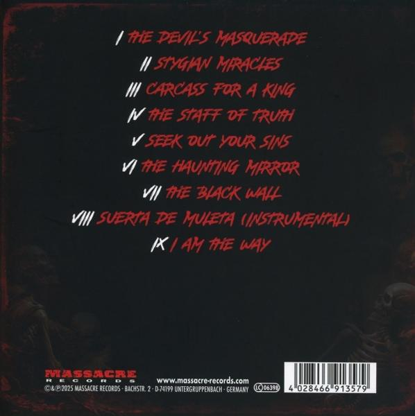 Albumcover mit rotem Text auf Schwarz, das Songtitel mit römischen Ziffern und einem Schädel in der Ecke auflistet.