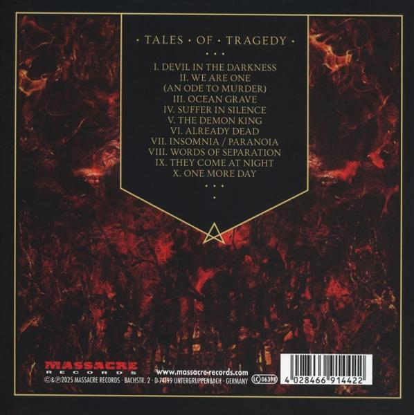 Albumcover mit dunklem Hintergrund und goldenem Rahmen. Listet Songtitel wie 'Devil in the Darkness' und 'Ocean Grave'.