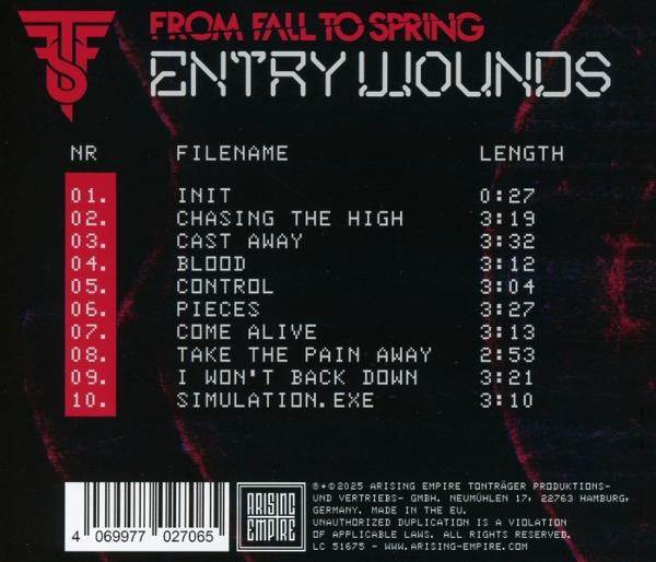 Albumcover mit Titelliste: 'Entry Wounds'. Tracks sind 'Init', 'Chasing the High' und 'Blood'. Roter und weißer Text auf schwarzem Hintergrund.